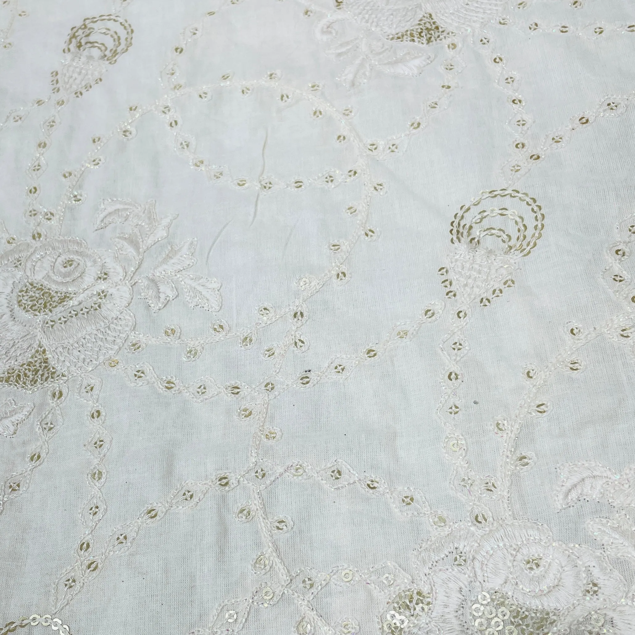 Off White Floral Sequins Embroidery Dyeable Cotton Fabric