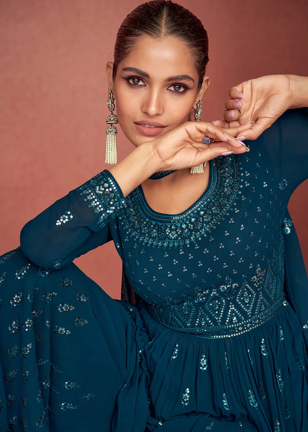 Peacock Blue Anarkali Style Georgette Embellished Palazzo Suit