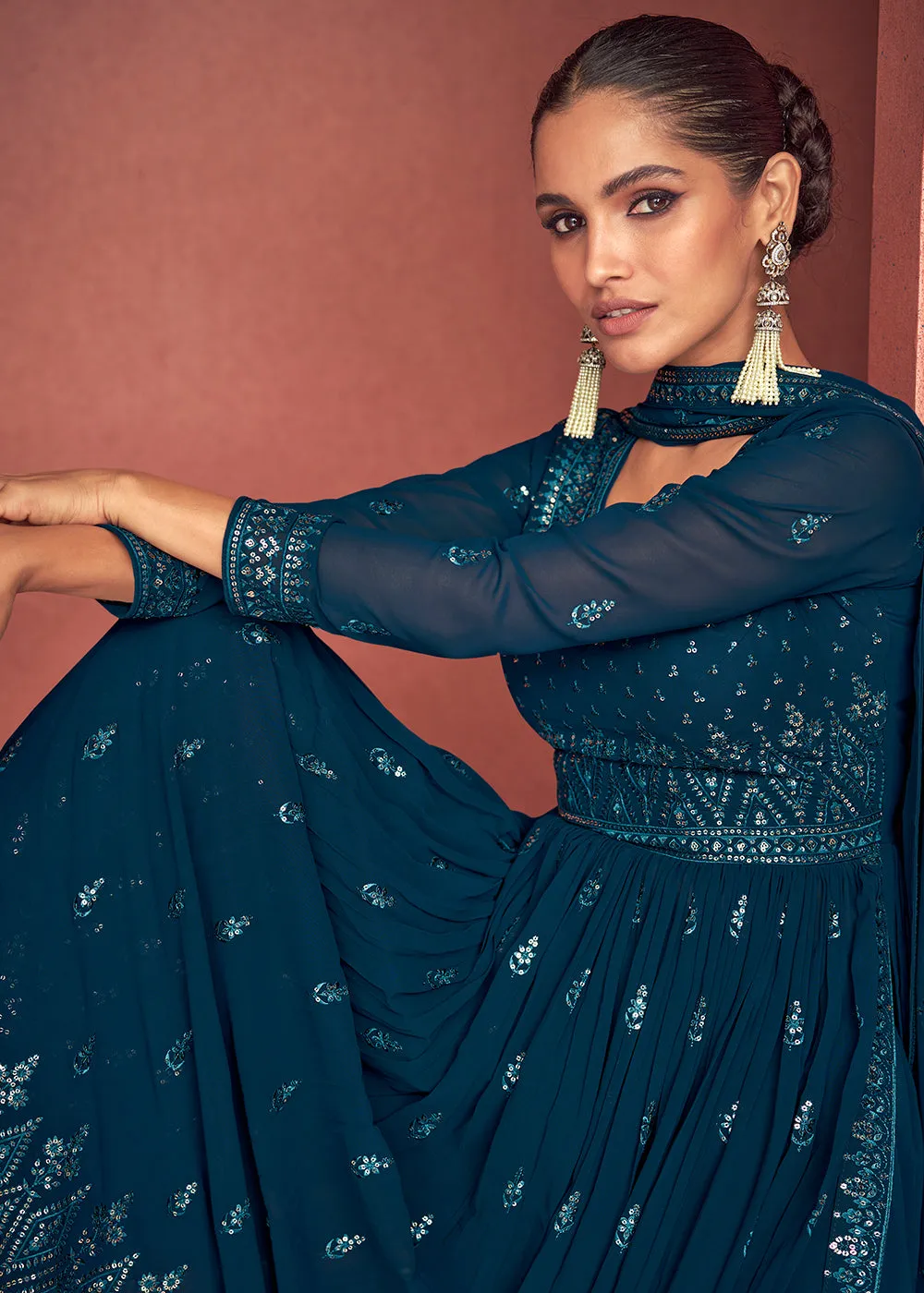 Peacock Blue Anarkali Style Georgette Embellished Palazzo Suit