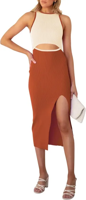 Pink Queen Women's Cutout Crew Neck Sleeveless Tank Slit Ribbed Bodycon Midi Dresses