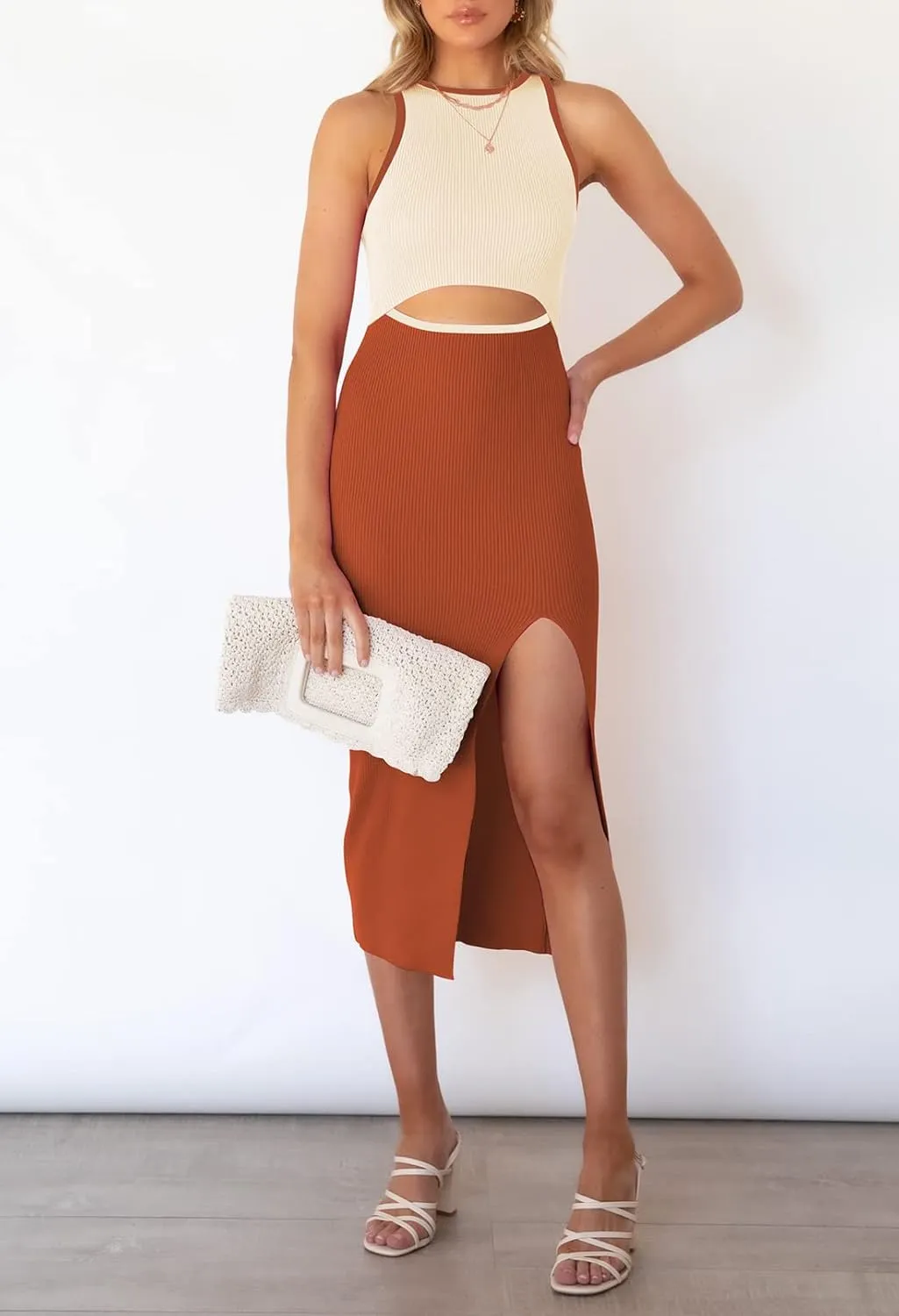 Pink Queen Women's Cutout Crew Neck Sleeveless Tank Slit Ribbed Bodycon Midi Dresses