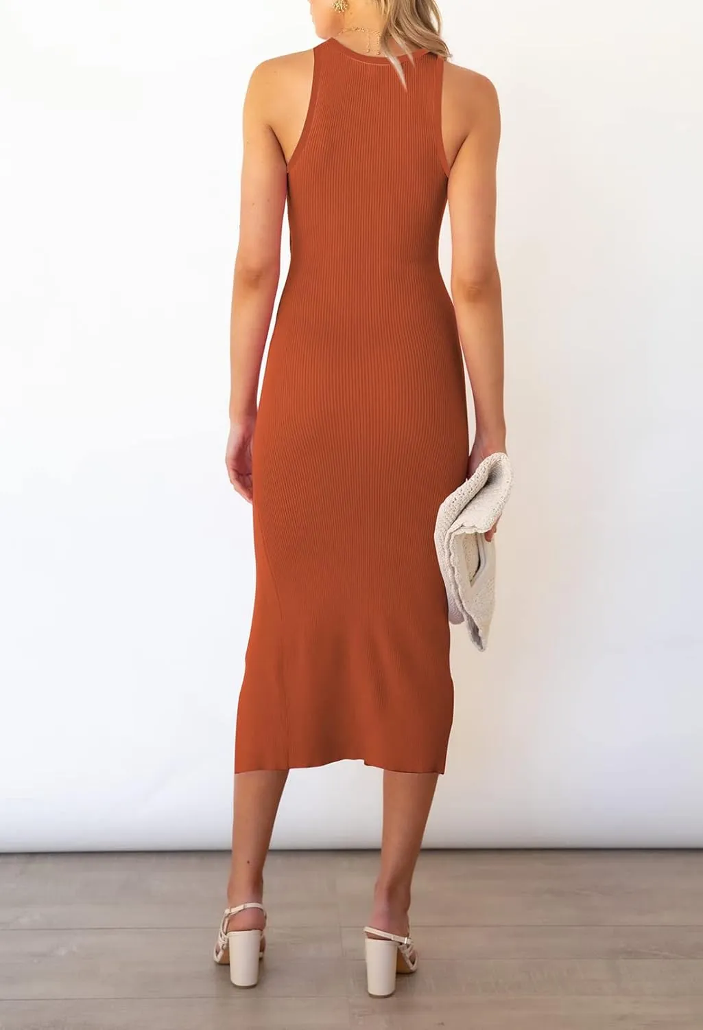 Pink Queen Women's Cutout Crew Neck Sleeveless Tank Slit Ribbed Bodycon Midi Dresses