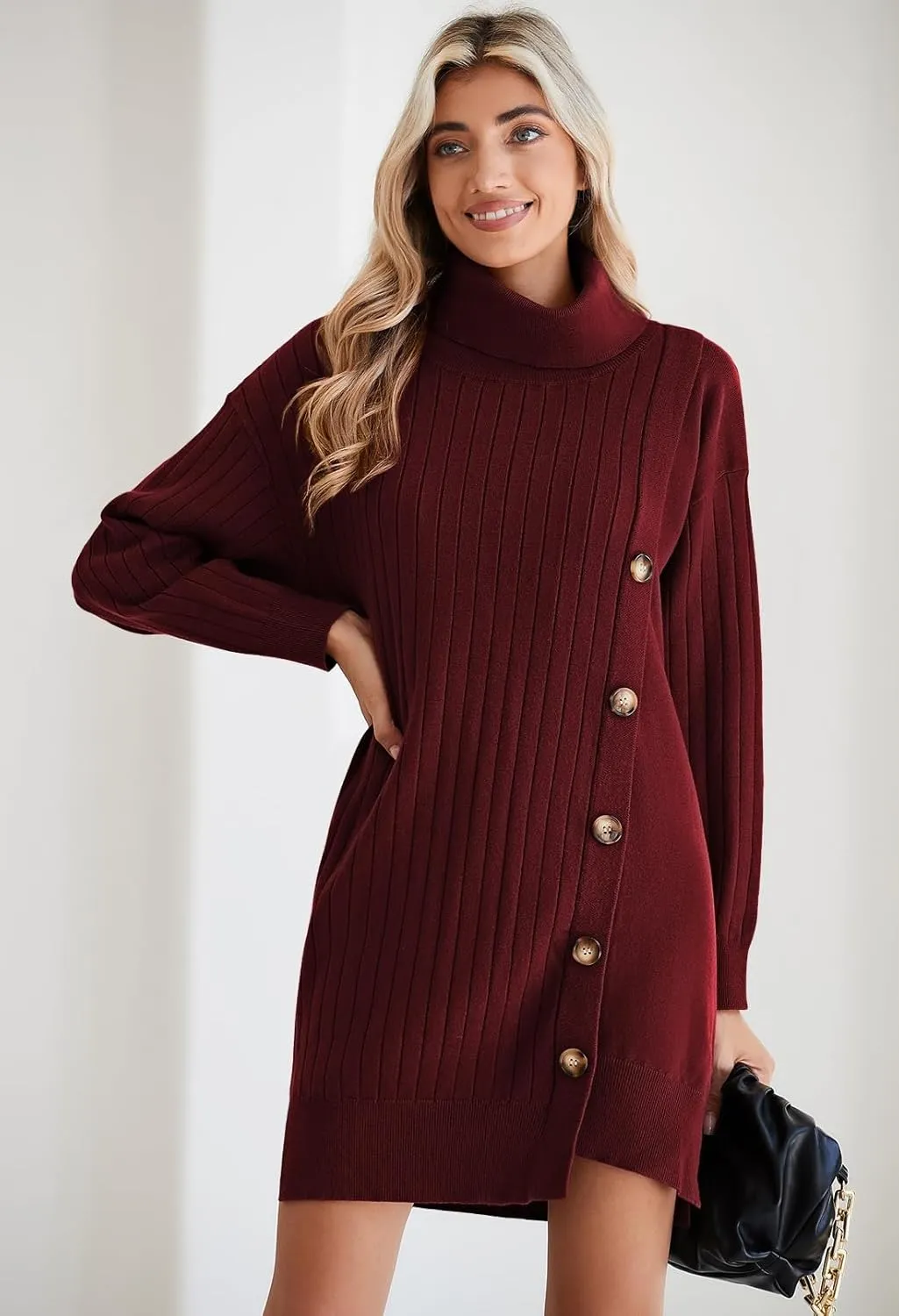 Pink Queen Women's Fall Winter Sweater Dress 2024 Loose Turtleneck Long Sleeve Cocktail Party Ribbed Knit Mini Dress Outfits