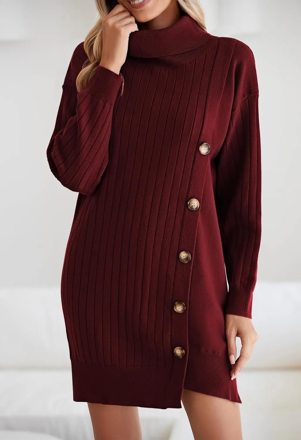 Pink Queen Women's Fall Winter Sweater Dress 2024 Loose Turtleneck Long Sleeve Cocktail Party Ribbed Knit Mini Dress Outfits