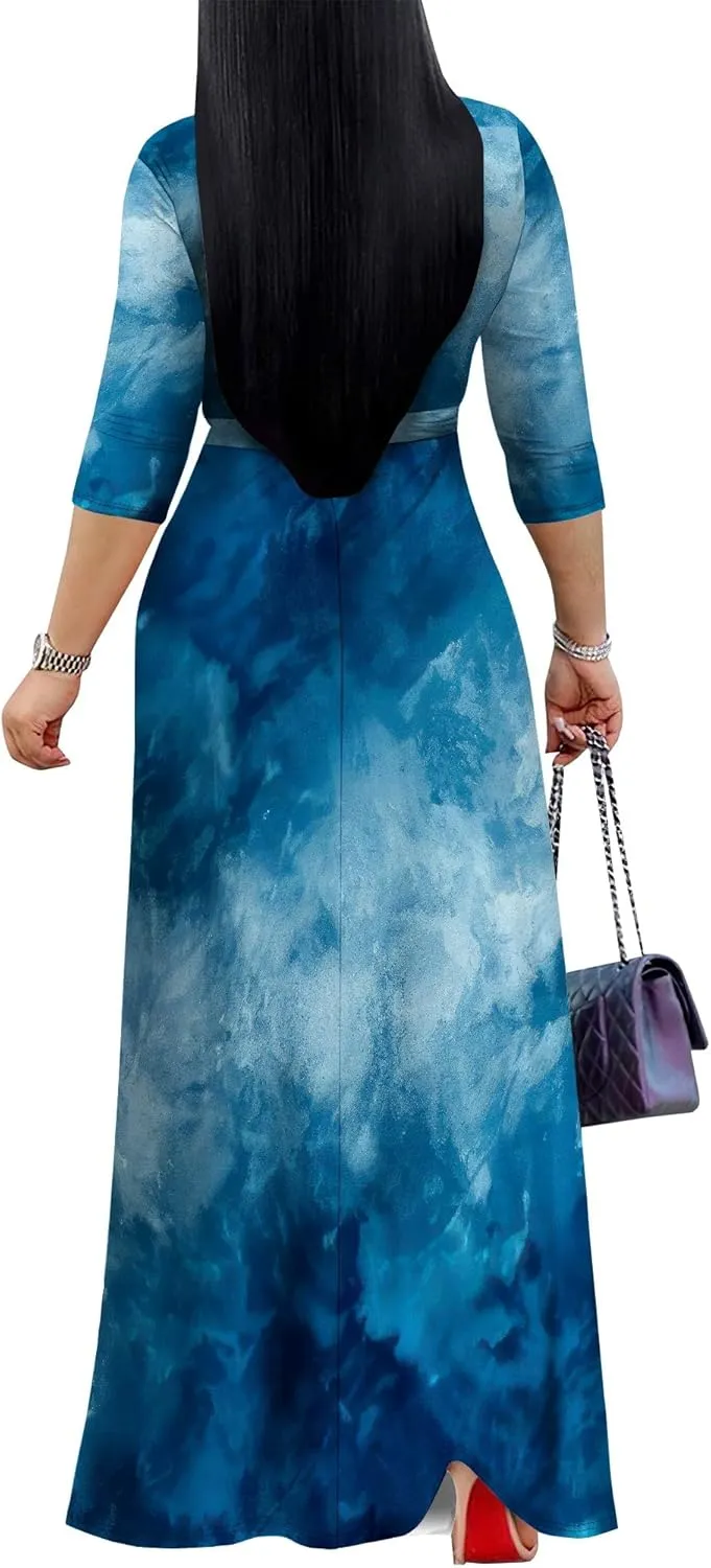 PinkPatty Women's Plus Size Maxi Dresses 3/4 Sleeves Bohemian Long Dress Printed Swing Dress with Belt
