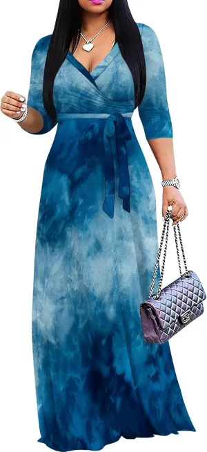 PinkPatty Women's Plus Size Maxi Dresses 3/4 Sleeves Bohemian Long Dress Printed Swing Dress with Belt