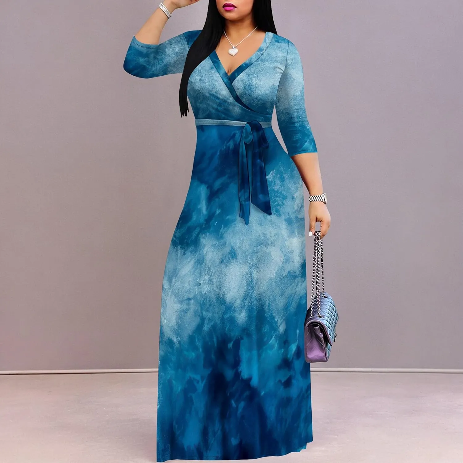 PinkPatty Women's Plus Size Maxi Dresses 3/4 Sleeves Bohemian Long Dress Printed Swing Dress with Belt
