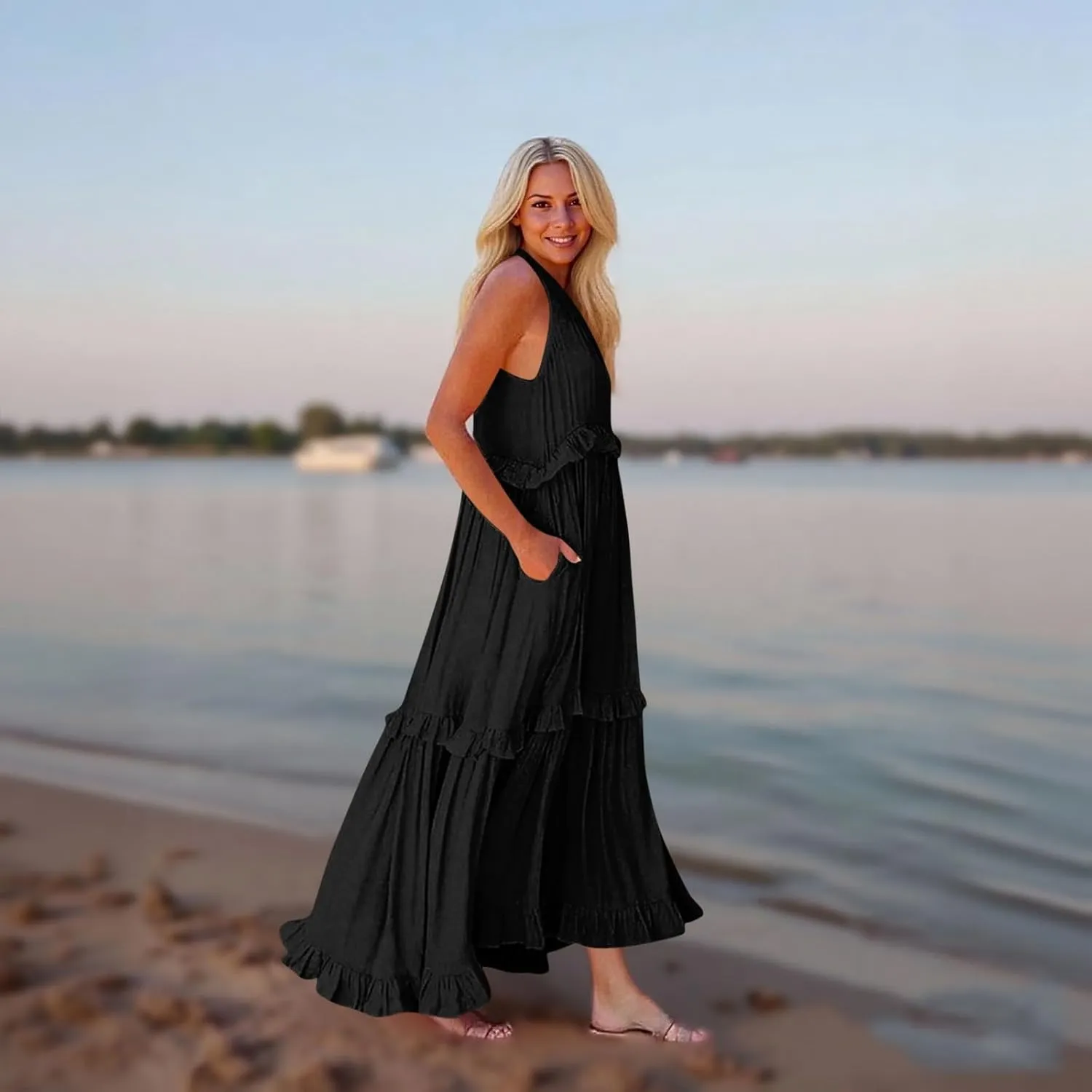 Plus Size Dresses for Curvy Women Summer Casual V-Neck Smocked Maxi Dress Loose Flowy Ruffle Sundress with Pockets
