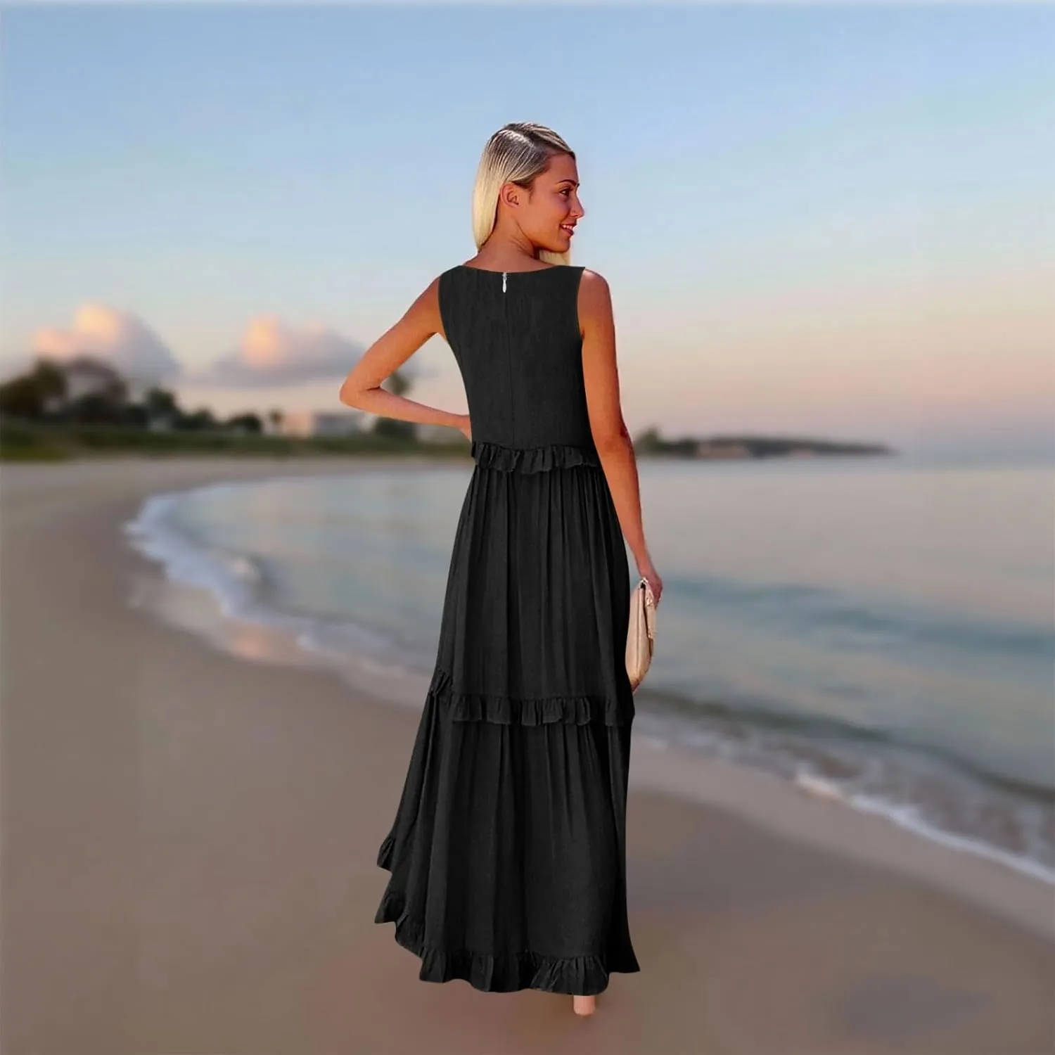Plus Size Dresses for Curvy Women Summer Casual V-Neck Smocked Maxi Dress Loose Flowy Ruffle Sundress with Pockets