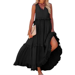 Plus Size Dresses for Curvy Women Summer Casual V-Neck Smocked Maxi Dress Loose Flowy Ruffle Sundress with Pockets
