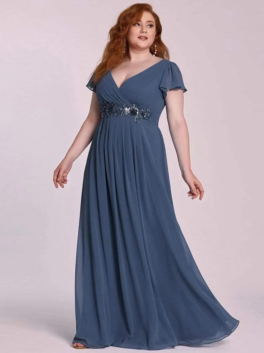 Plus Size Plunging V-Neck Sequin A-Line Evening Dress