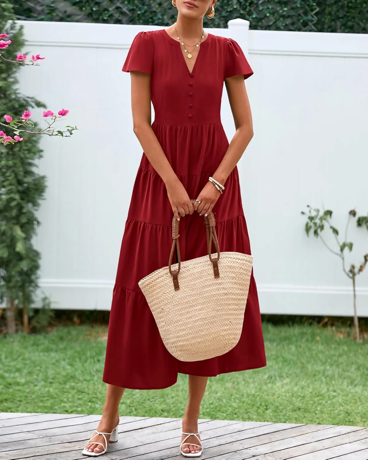 PRETTYGARDEN Women Summer Midi Dresses 2025 Casual Short Sleeve V Neck Belted Tiered Ruffle Vacation Dress with Pockets