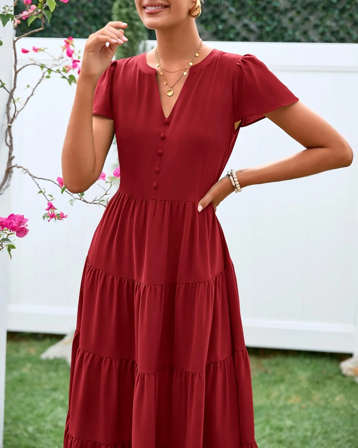 PRETTYGARDEN Women Summer Midi Dresses 2025 Casual Short Sleeve V Neck Belted Tiered Ruffle Vacation Dress with Pockets