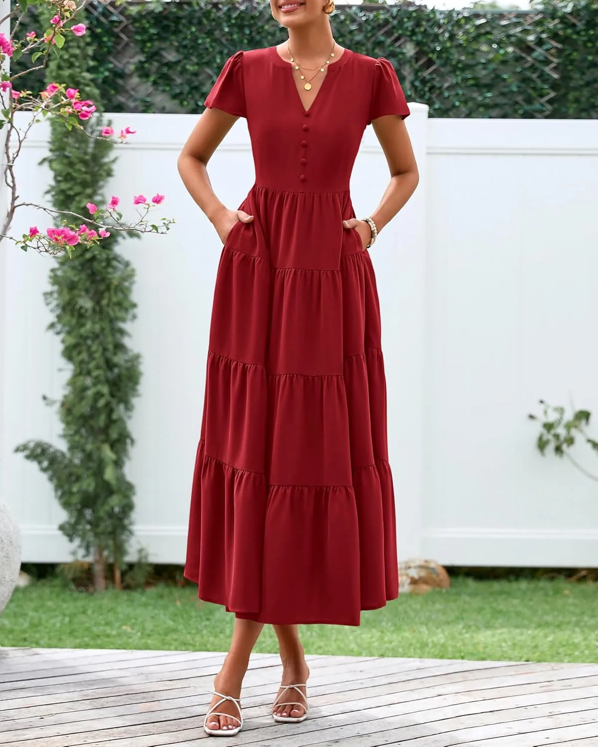 PRETTYGARDEN Women Summer Midi Dresses 2025 Casual Short Sleeve V Neck Belted Tiered Ruffle Vacation Dress with Pockets