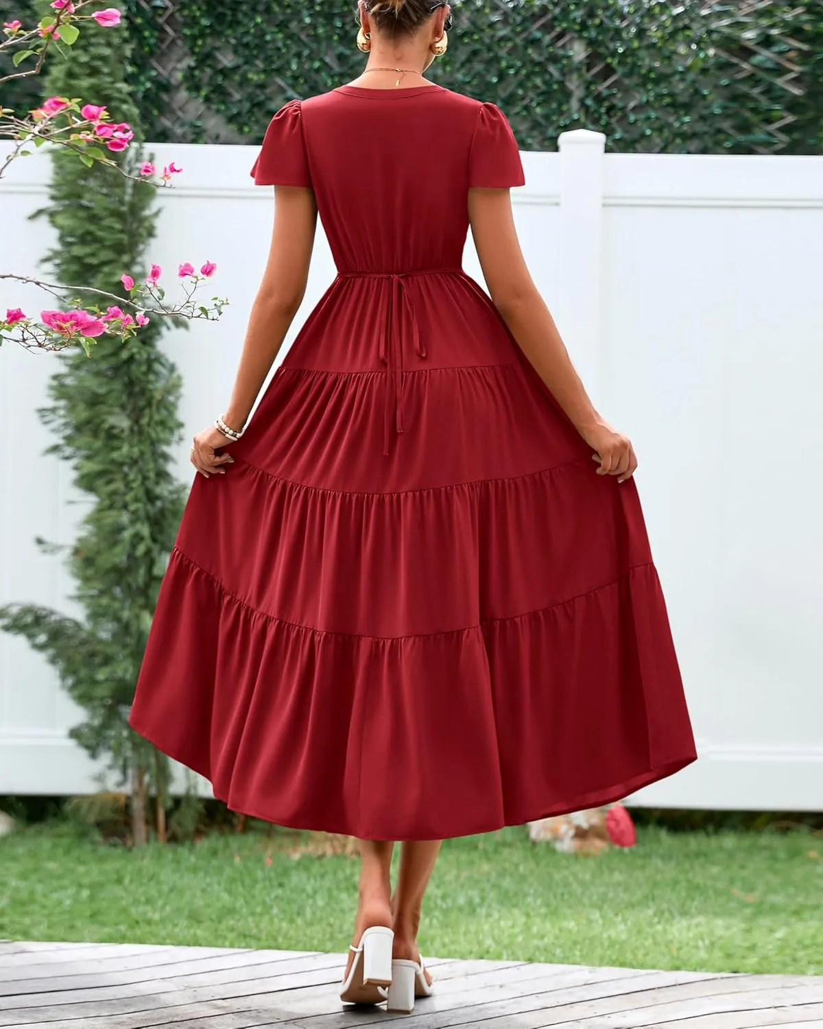 PRETTYGARDEN Women Summer Midi Dresses 2025 Casual Short Sleeve V Neck Belted Tiered Ruffle Vacation Dress with Pockets
