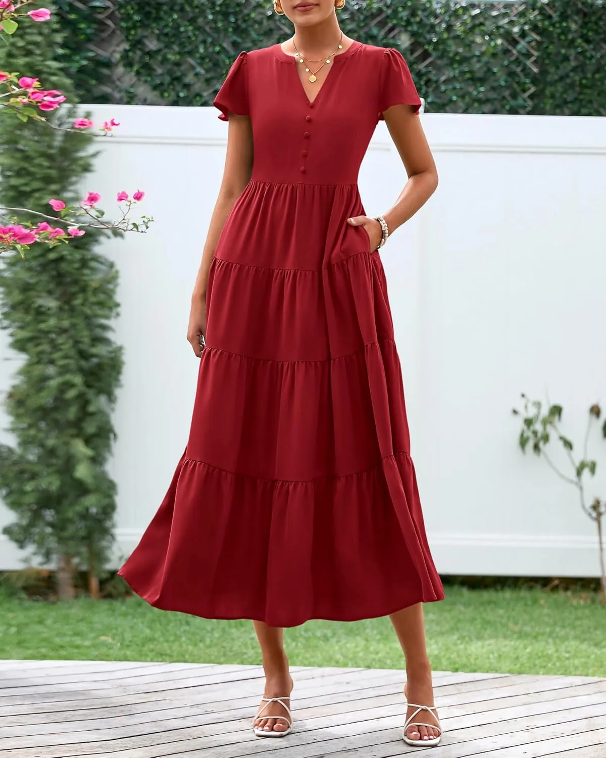 PRETTYGARDEN Women Summer Midi Dresses 2025 Casual Short Sleeve V Neck Belted Tiered Ruffle Vacation Dress with Pockets