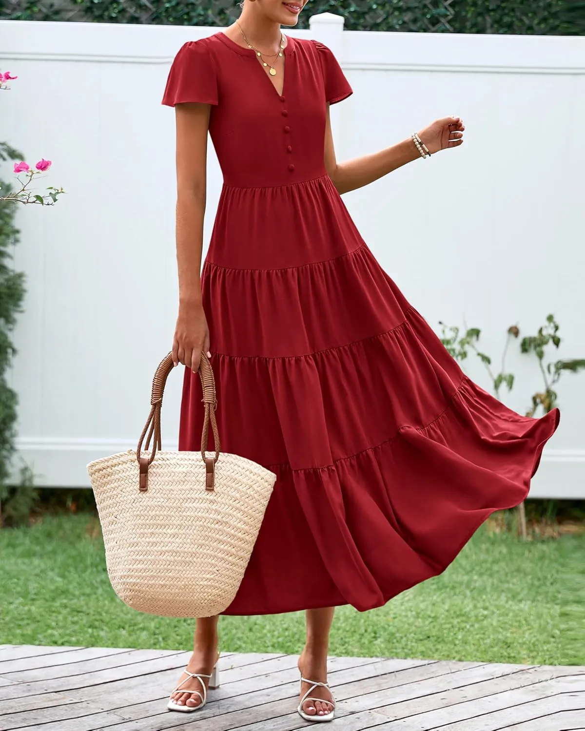 PRETTYGARDEN Women Summer Midi Dresses 2025 Casual Short Sleeve V Neck Belted Tiered Ruffle Vacation Dress with Pockets