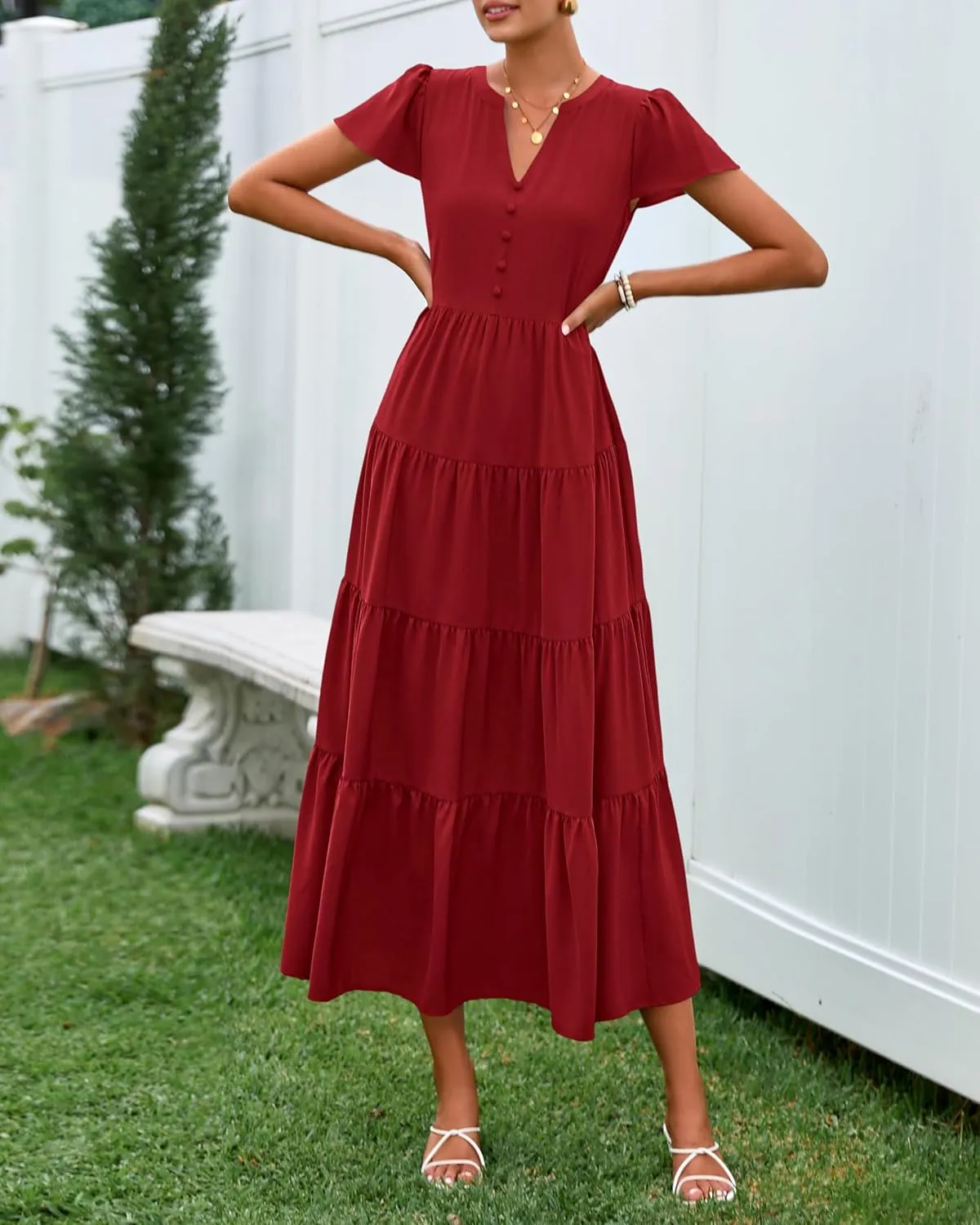 PRETTYGARDEN Women Summer Midi Dresses 2025 Casual Short Sleeve V Neck Belted Tiered Ruffle Vacation Dress with Pockets