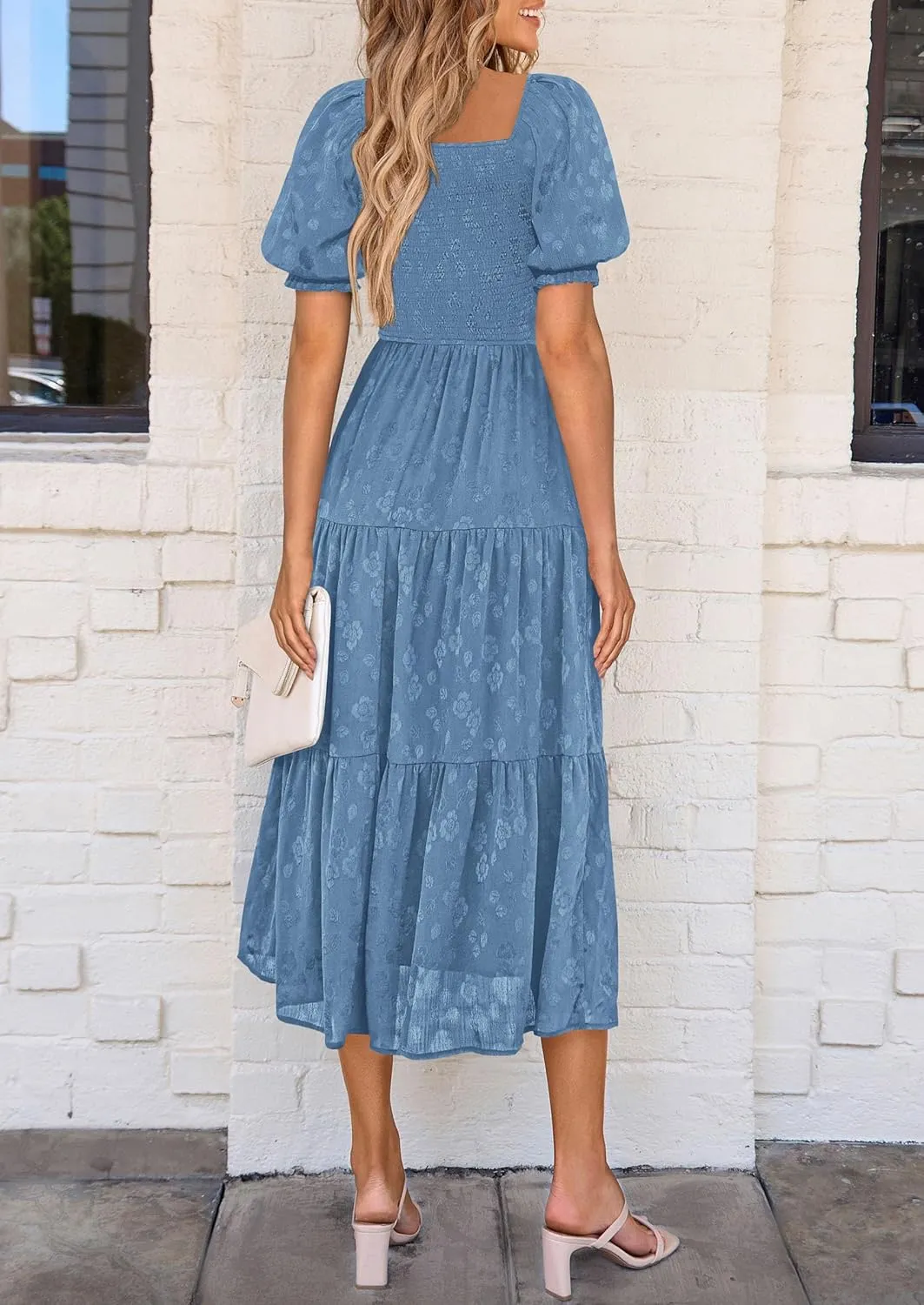 PRETTYGARDEN Women's 2025 Summer Casual Midi Dresses Square Neck Short Sleeve Smocked A Line Floral Flowy Elegant Boho Dress