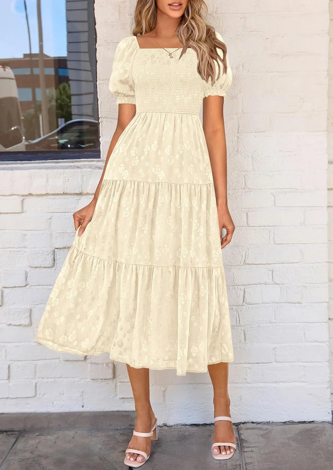 PRETTYGARDEN Women's 2025 Summer Casual Midi Dresses Square Neck Short Sleeve Smocked A Line Floral Flowy Elegant Boho Dress
