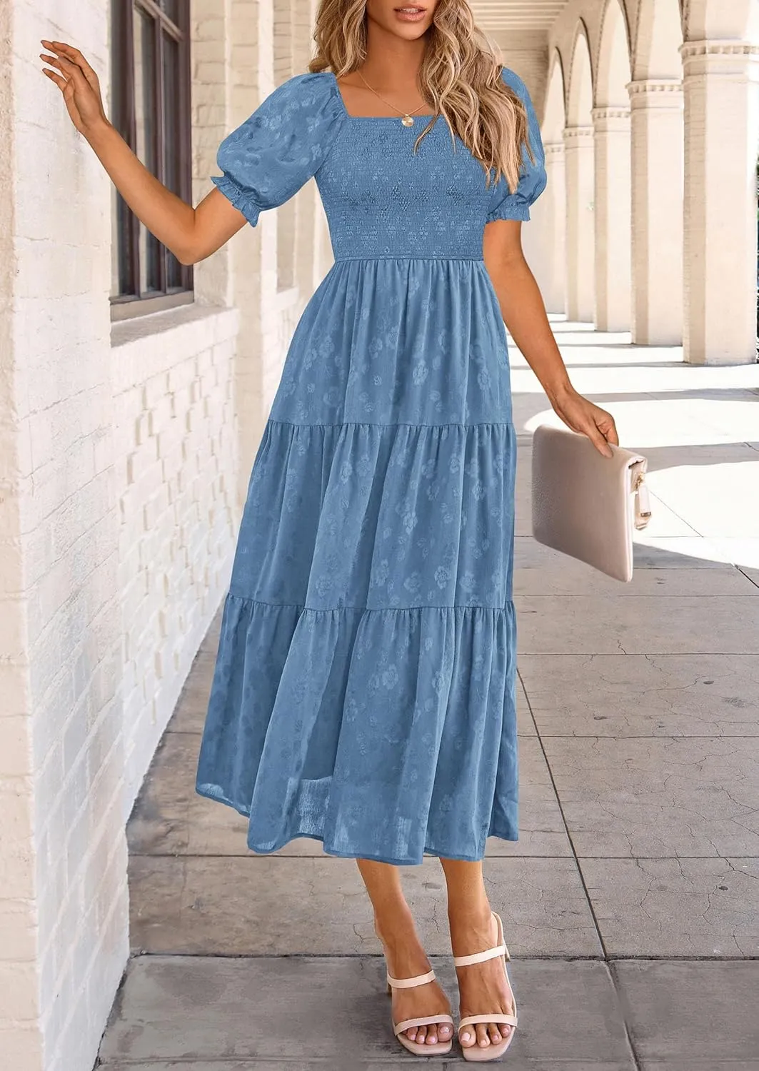 PRETTYGARDEN Women's 2025 Summer Casual Midi Dresses Square Neck Short Sleeve Smocked A Line Floral Flowy Elegant Boho Dress