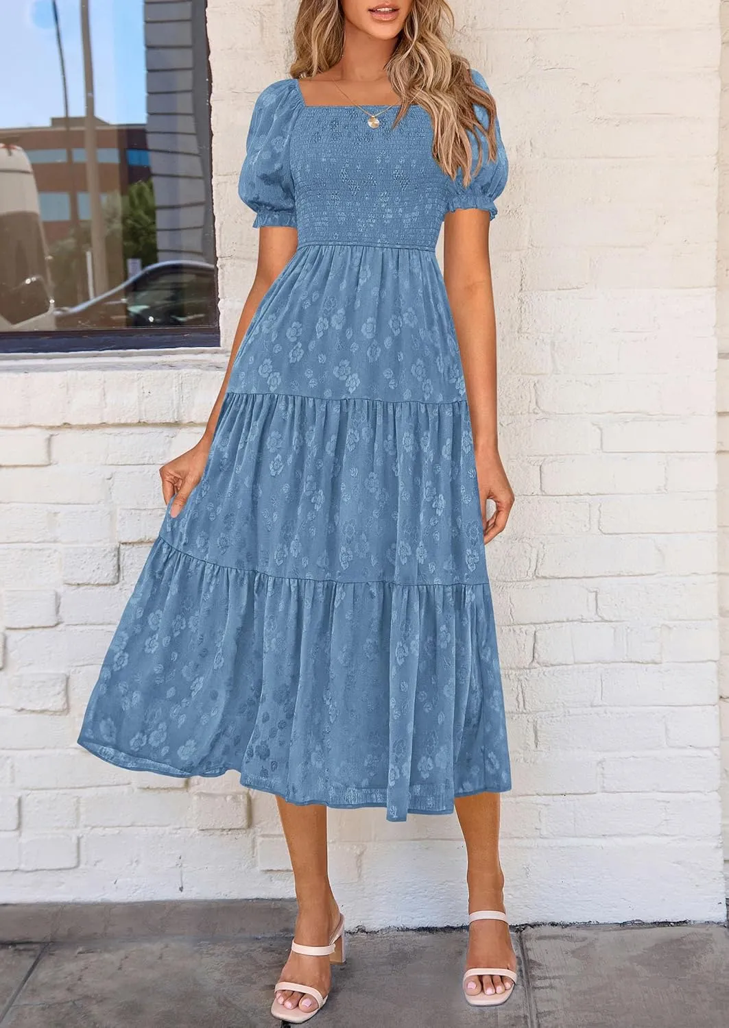 PRETTYGARDEN Women's 2025 Summer Casual Midi Dresses Square Neck Short Sleeve Smocked A Line Floral Flowy Elegant Boho Dress