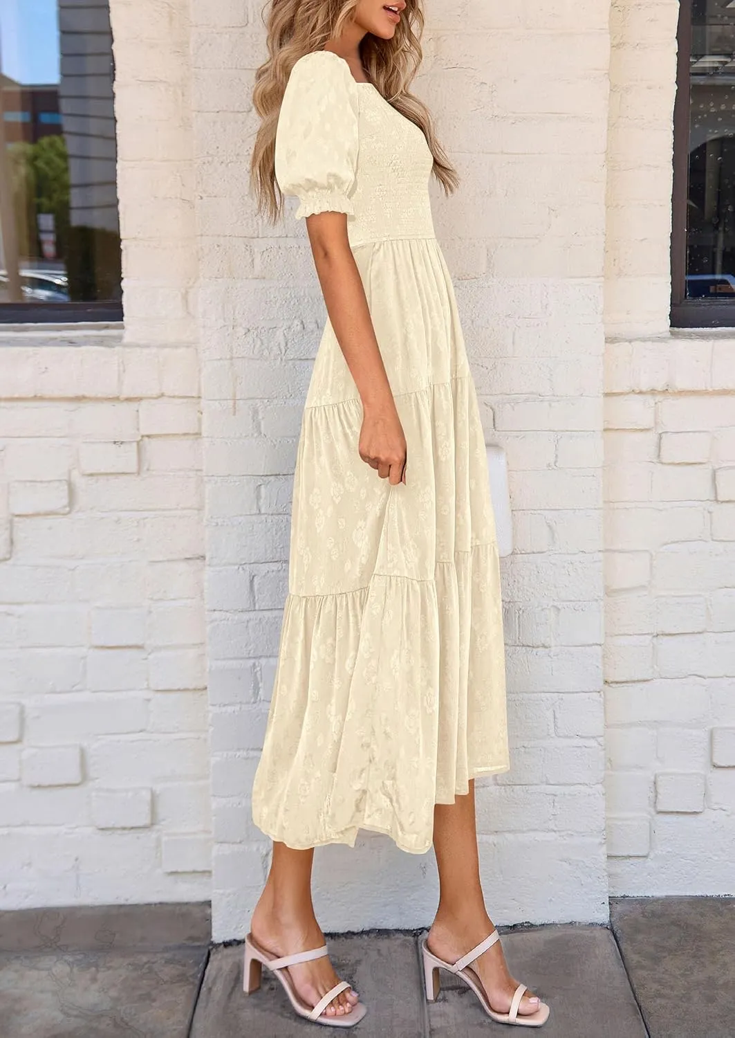 PRETTYGARDEN Women's 2025 Summer Casual Midi Dresses Square Neck Short Sleeve Smocked A Line Floral Flowy Elegant Boho Dress