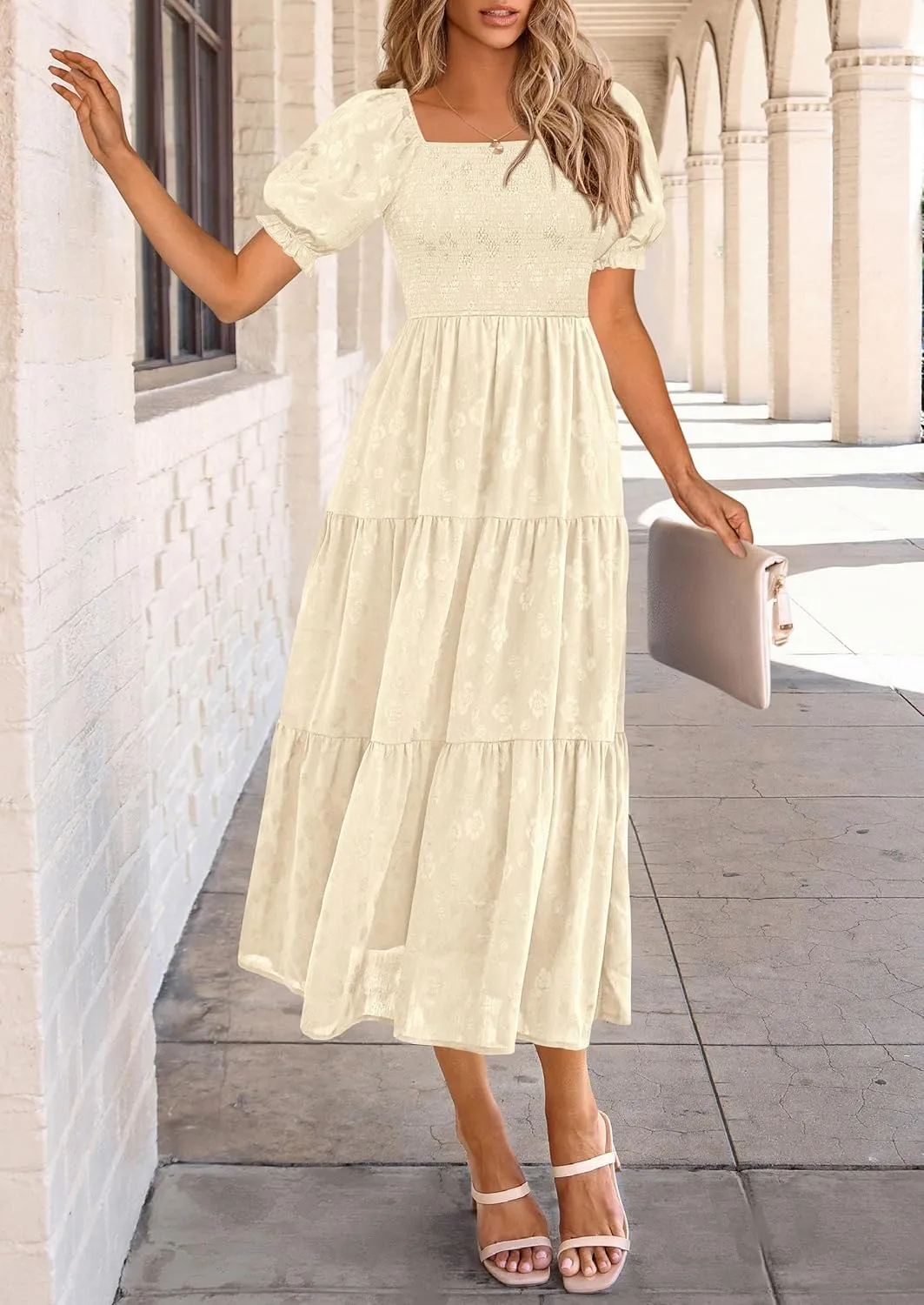 PRETTYGARDEN Women's 2025 Summer Casual Midi Dresses Square Neck Short Sleeve Smocked A Line Floral Flowy Elegant Boho Dress