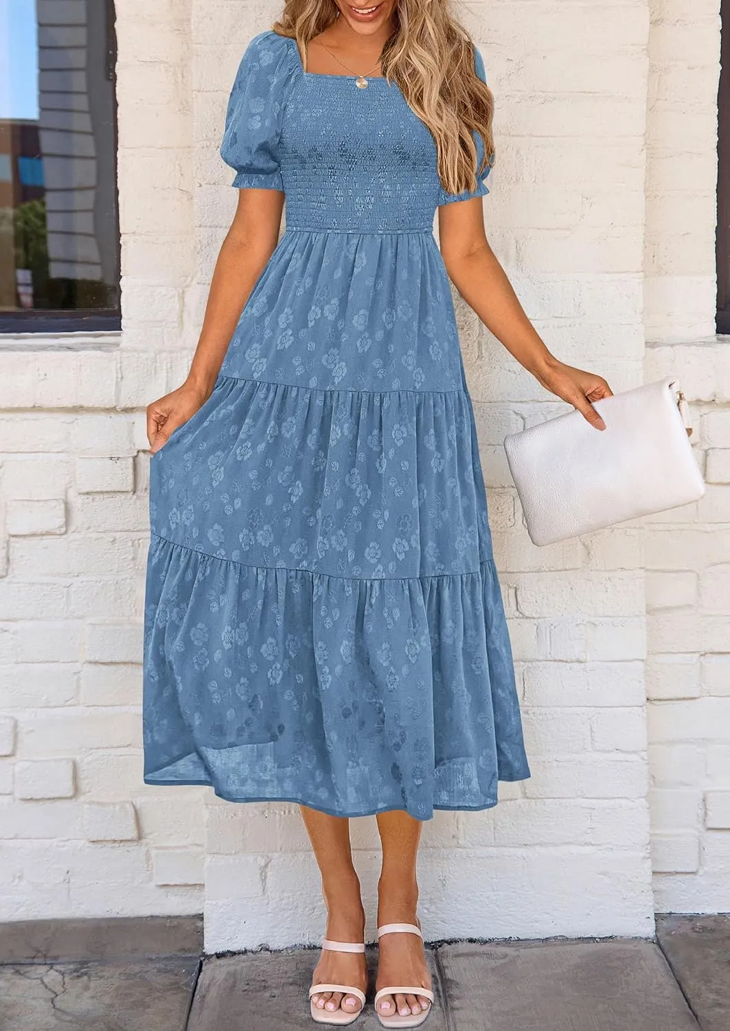 PRETTYGARDEN Women's 2025 Summer Casual Midi Dresses Square Neck Short Sleeve Smocked A Line Floral Flowy Elegant Boho Dress