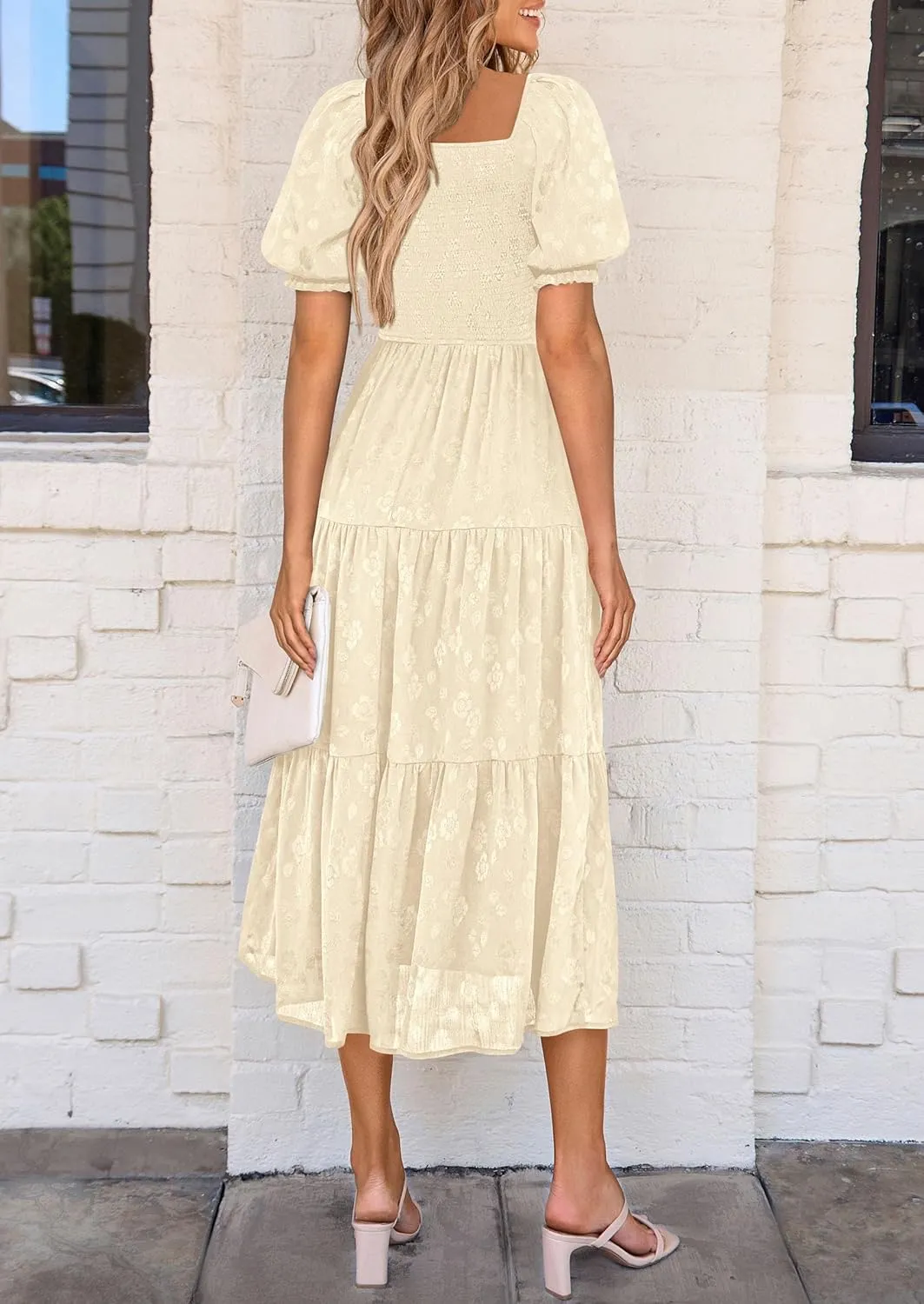 PRETTYGARDEN Women's 2025 Summer Casual Midi Dresses Square Neck Short Sleeve Smocked A Line Floral Flowy Elegant Boho Dress
