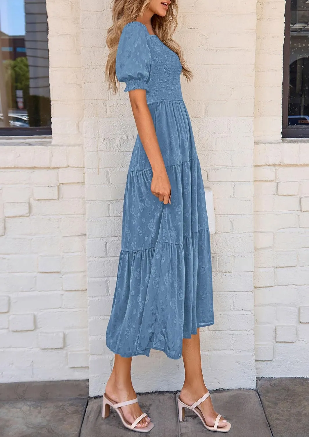 PRETTYGARDEN Women's 2025 Summer Casual Midi Dresses Square Neck Short Sleeve Smocked A Line Floral Flowy Elegant Boho Dress