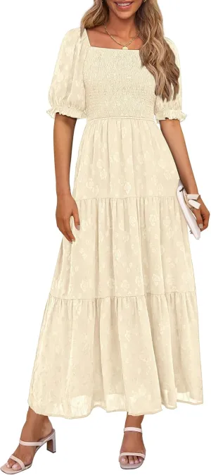 PRETTYGARDEN Women's 2025 Summer Casual Midi Dresses Square Neck Short Sleeve Smocked A Line Floral Flowy Elegant Boho Dress