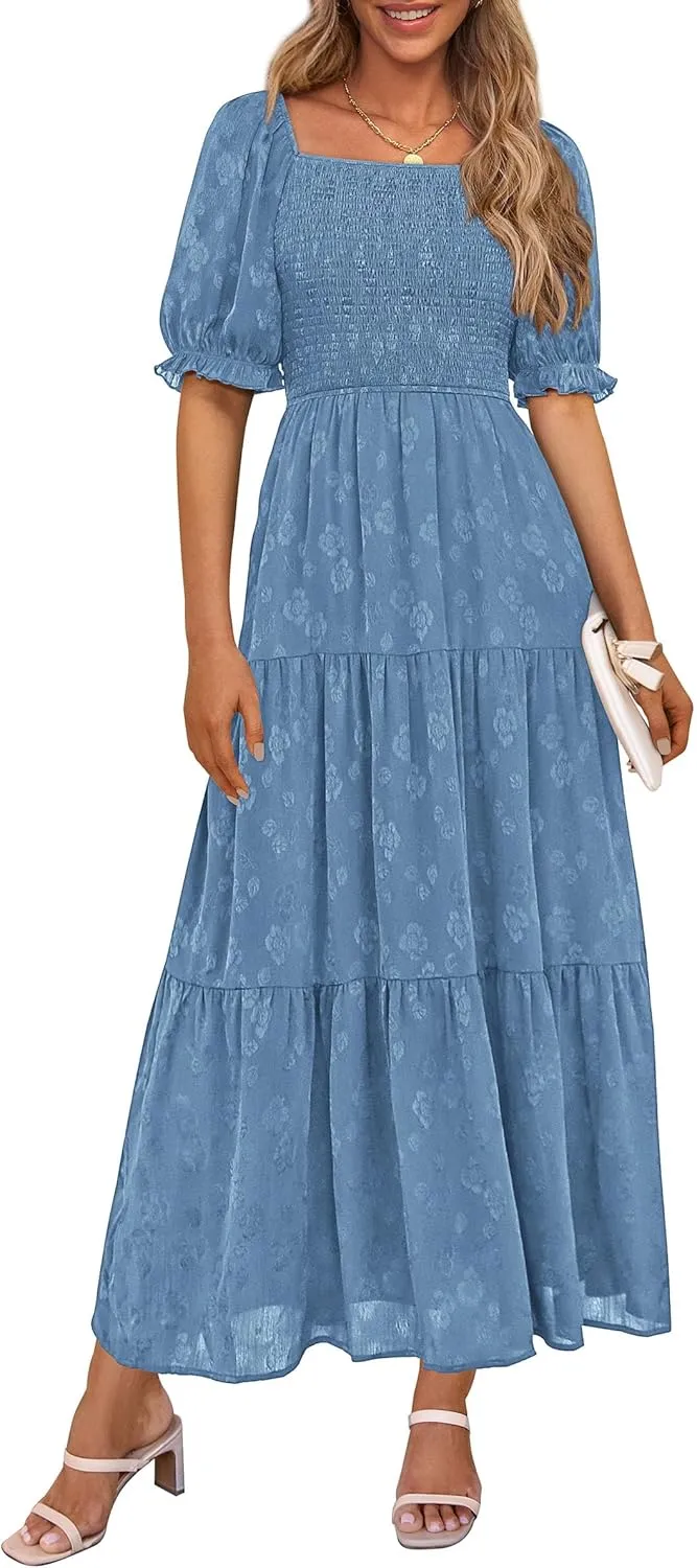 PRETTYGARDEN Women's 2025 Summer Casual Midi Dresses Square Neck Short Sleeve Smocked A Line Floral Flowy Elegant Boho Dress