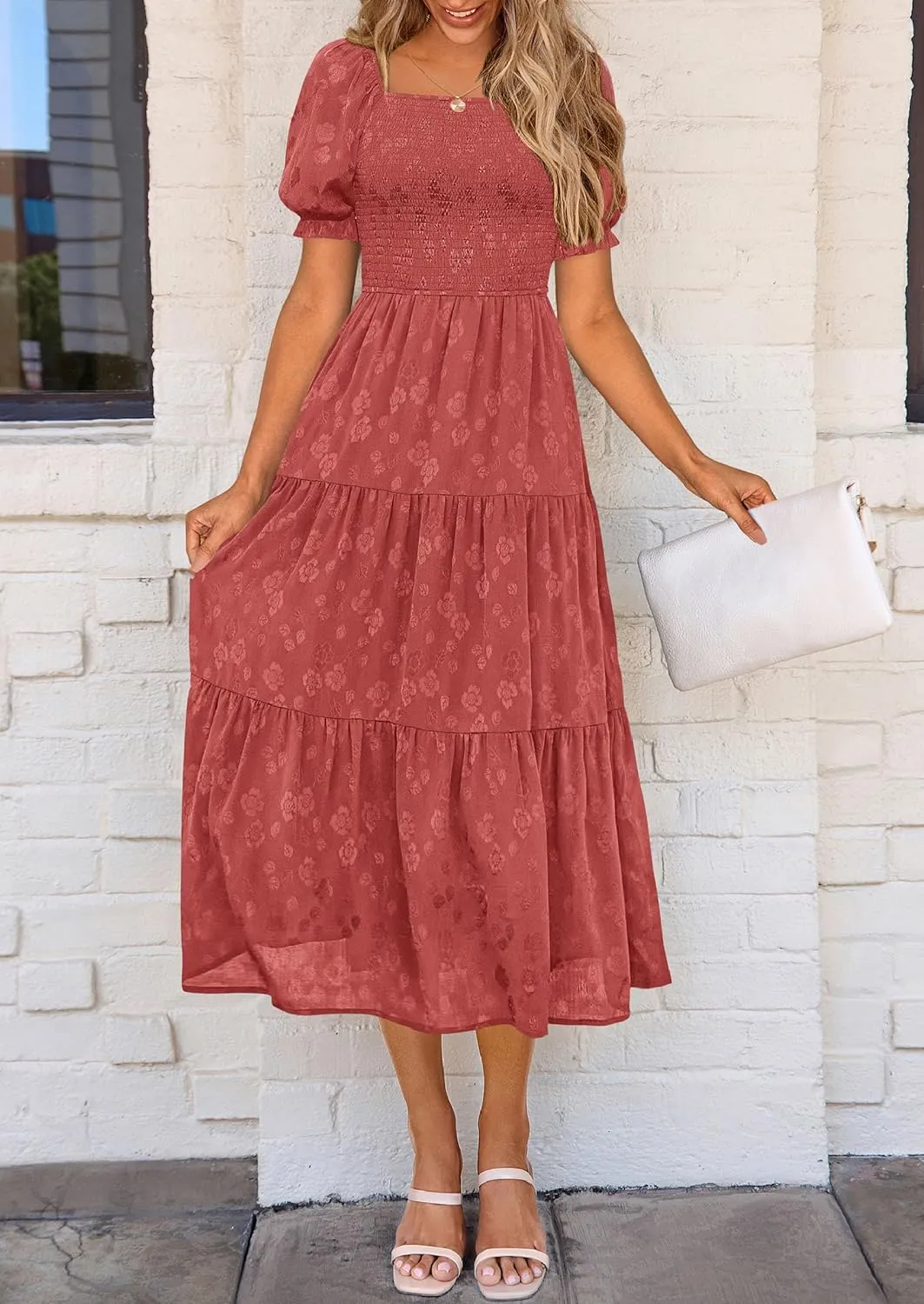 PRETTYGARDEN Women's 2025 Summer Casual Midi Dresses Square Neck Short Sleeve Smocked A Line Floral Flowy Elegant Boho Dress