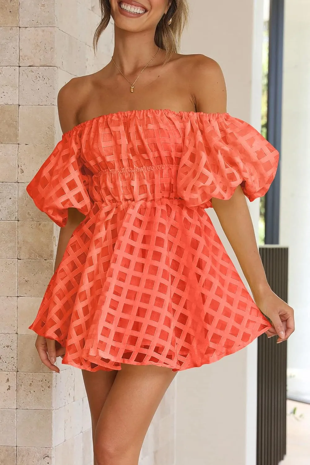 PRETTYGARDEN Women's Off The Shoulder Babydoll Dress Short Puff Sleeve Casual A Line Ruffle Summer Dresses
