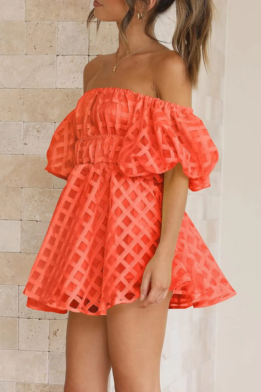 PRETTYGARDEN Women's Off The Shoulder Babydoll Dress Short Puff Sleeve Casual A Line Ruffle Summer Dresses