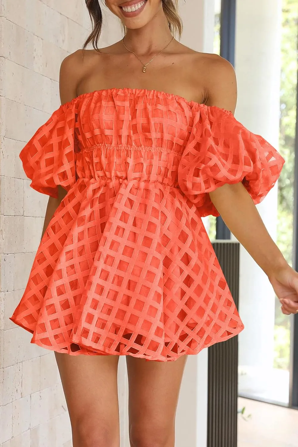 PRETTYGARDEN Women's Off The Shoulder Babydoll Dress Short Puff Sleeve Casual A Line Ruffle Summer Dresses