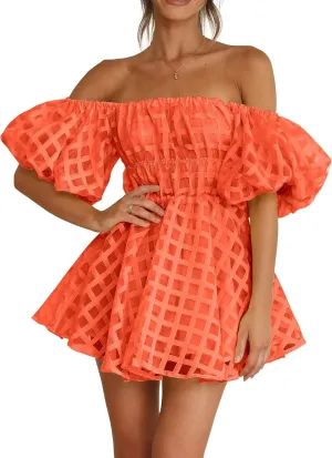 PRETTYGARDEN Women's Off The Shoulder Babydoll Dress Short Puff Sleeve Casual A Line Ruffle Summer Dresses