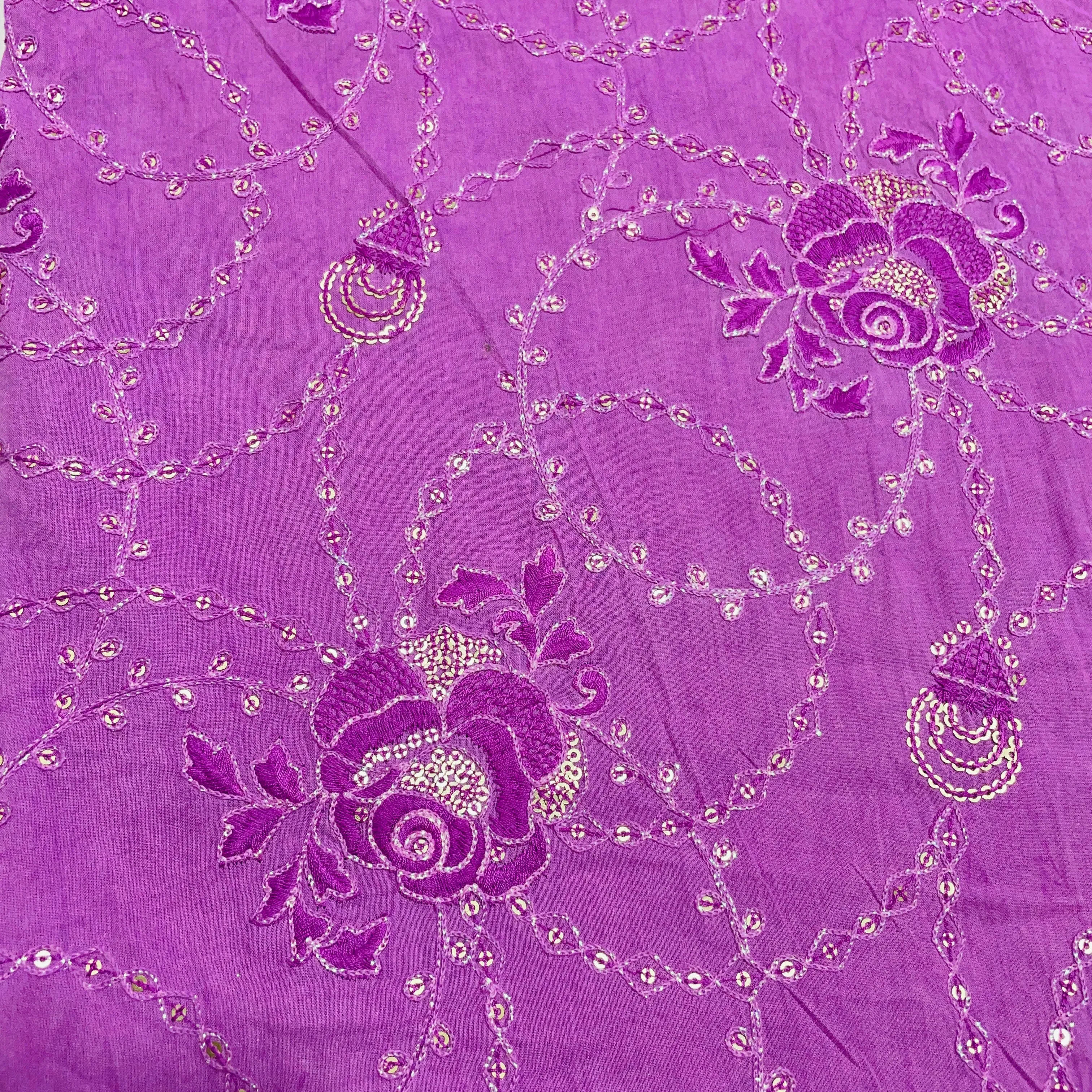 Purple Floral Sequins Embroidery Cotton Fabric
