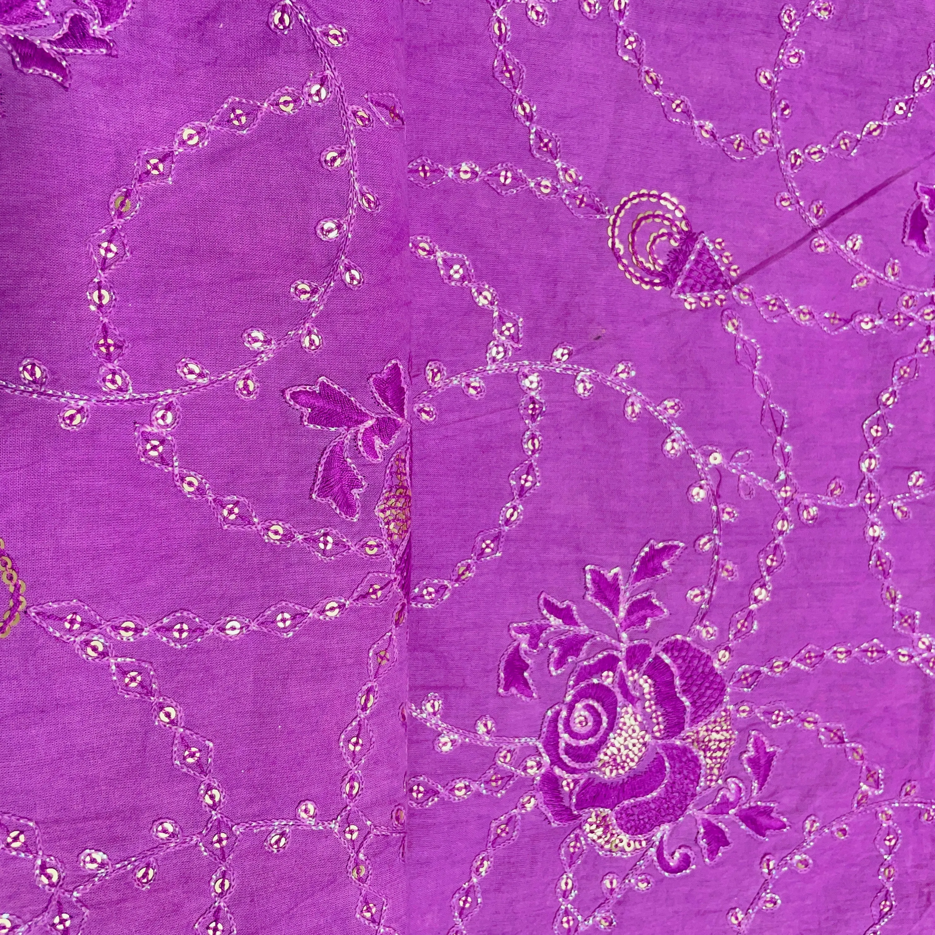 Purple Floral Sequins Embroidery Cotton Fabric