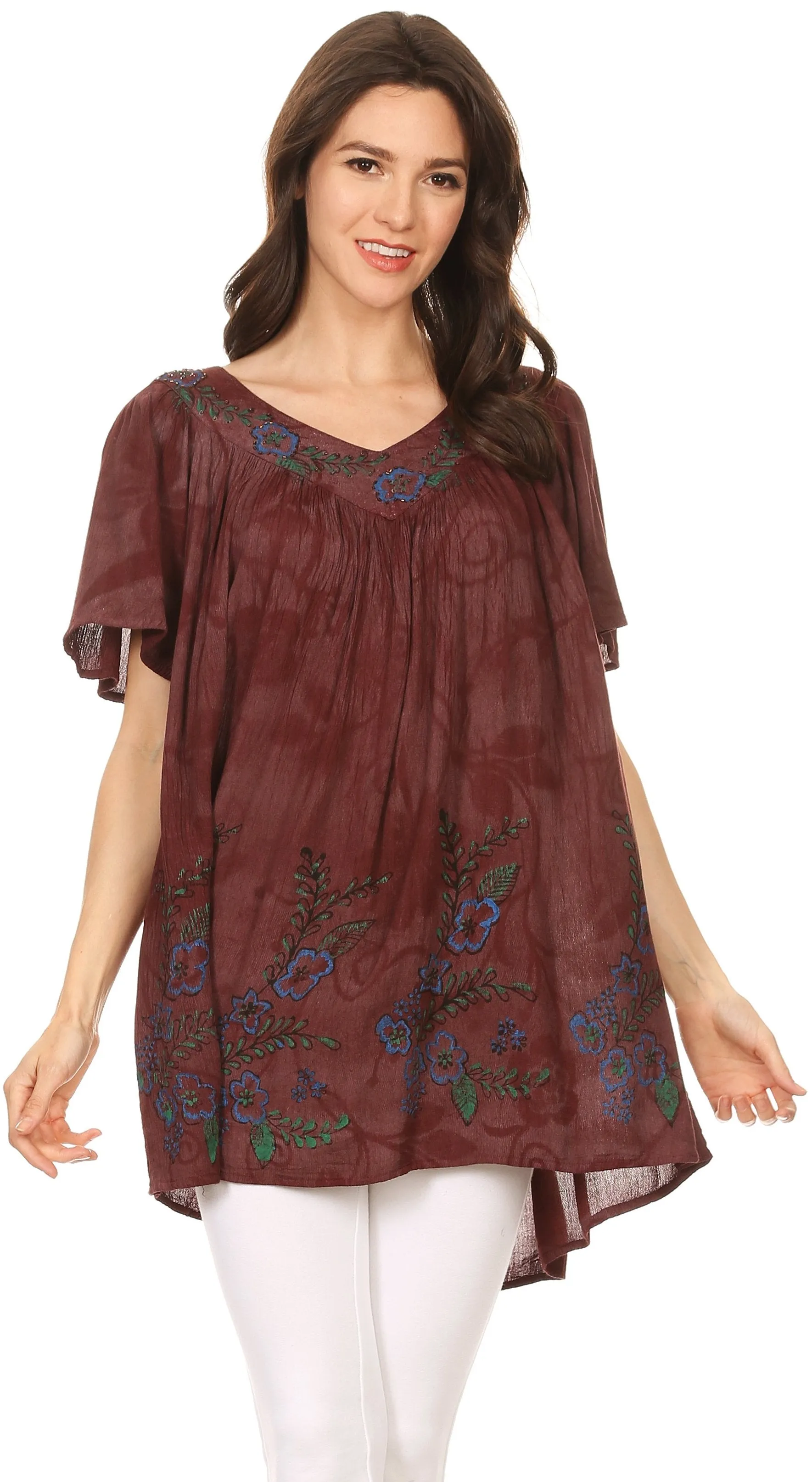 Sakkas Kyla Relaxed Fit Floral Sequin Embroidered V-neck Cap Sleeve Blouse / Top