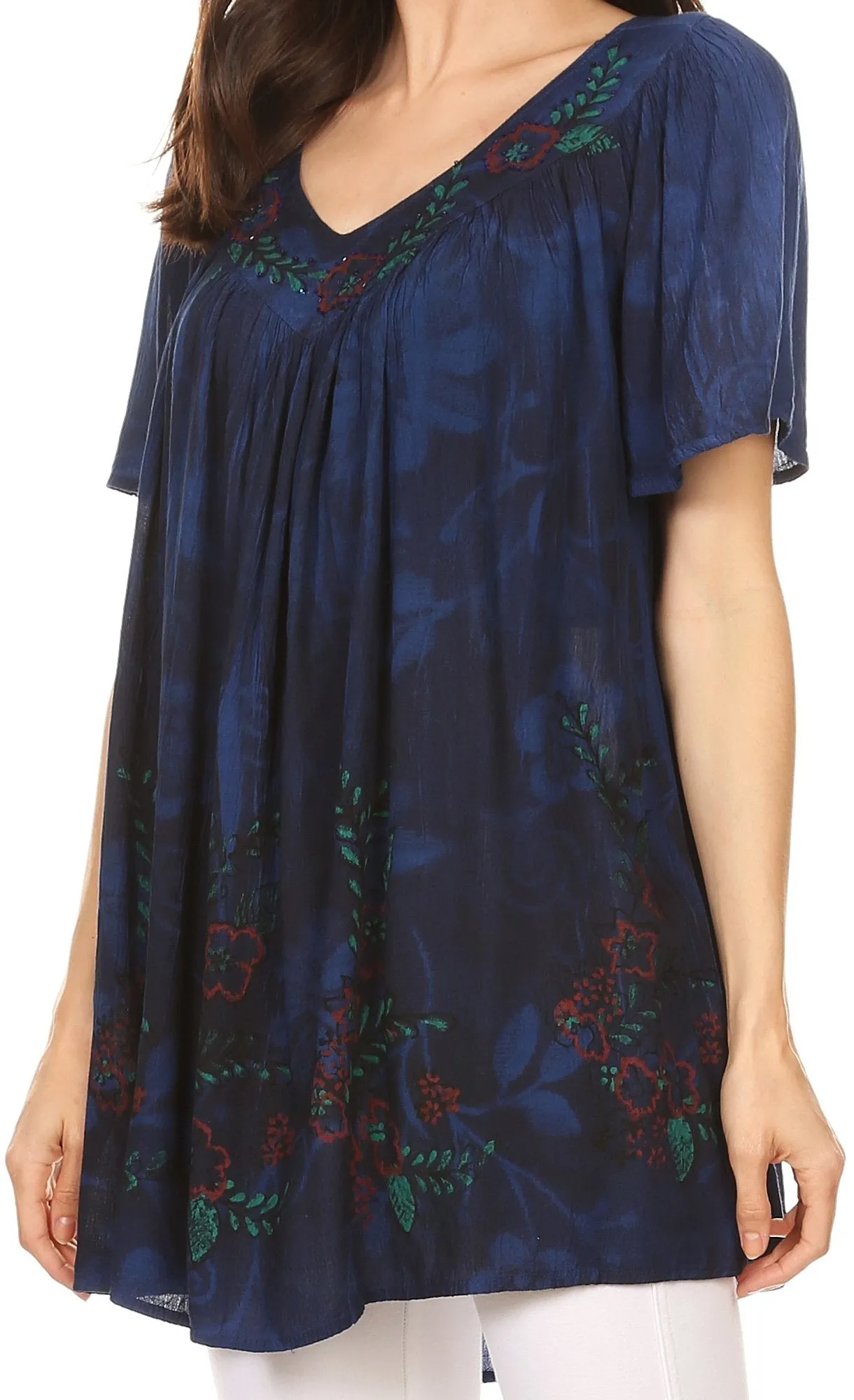 Sakkas Kyla Relaxed Fit Floral Sequin Embroidered V-neck Cap Sleeve Blouse / Top