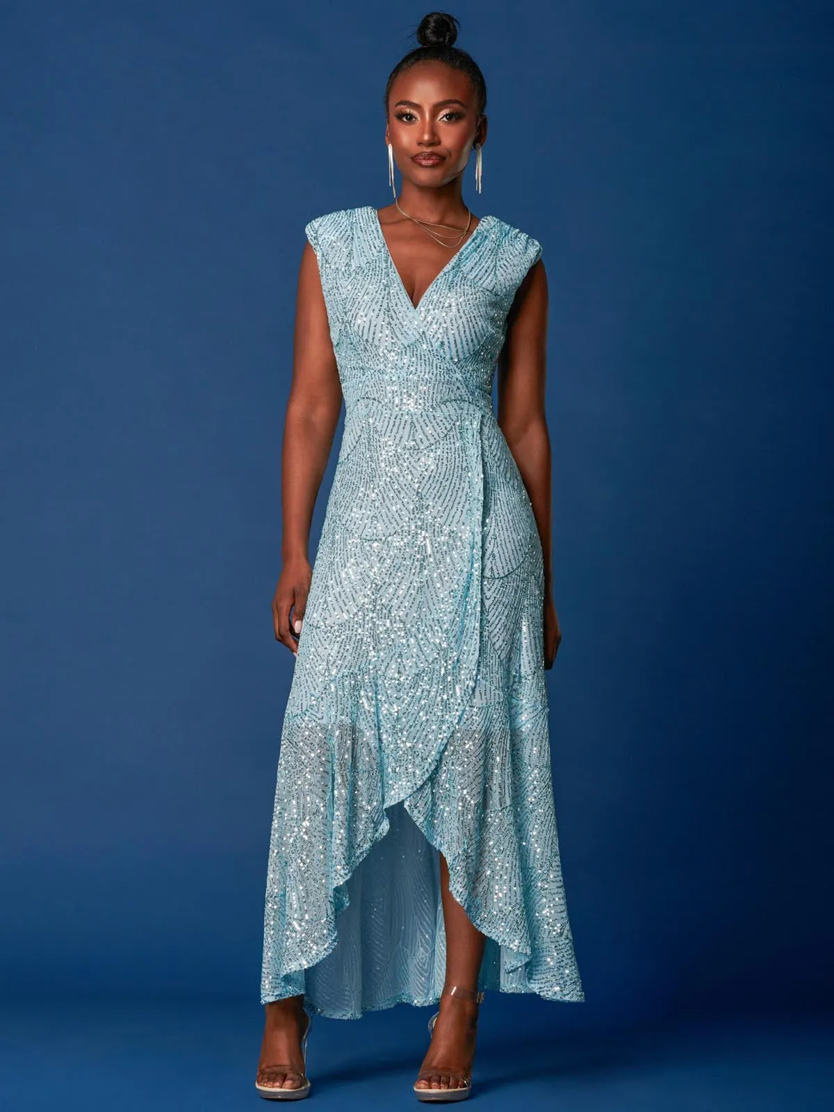 Sequin High Low Hem Maxi Dress, Light Blue