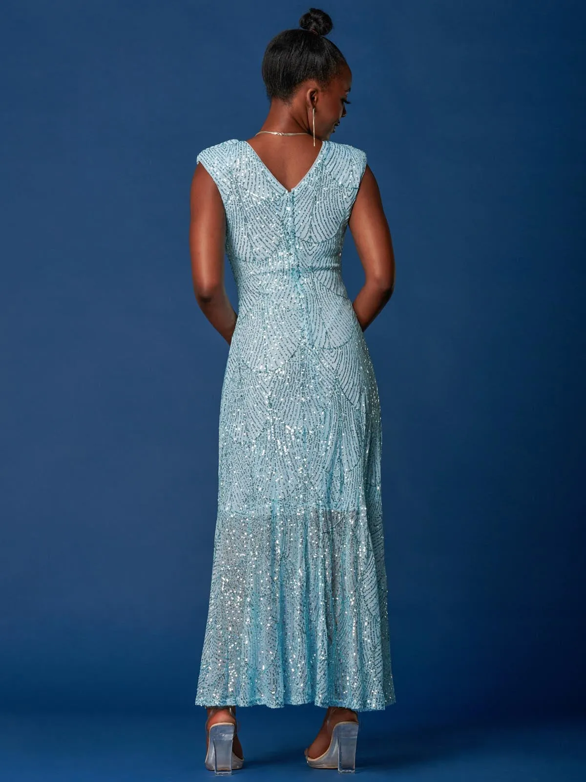 Sequin High Low Hem Maxi Dress, Light Blue