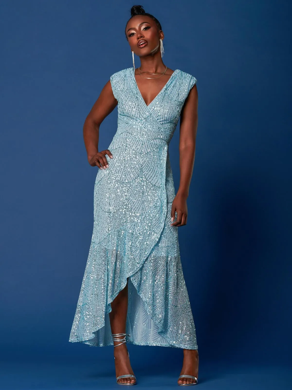 Sequin High Low Hem Maxi Dress, Light Blue