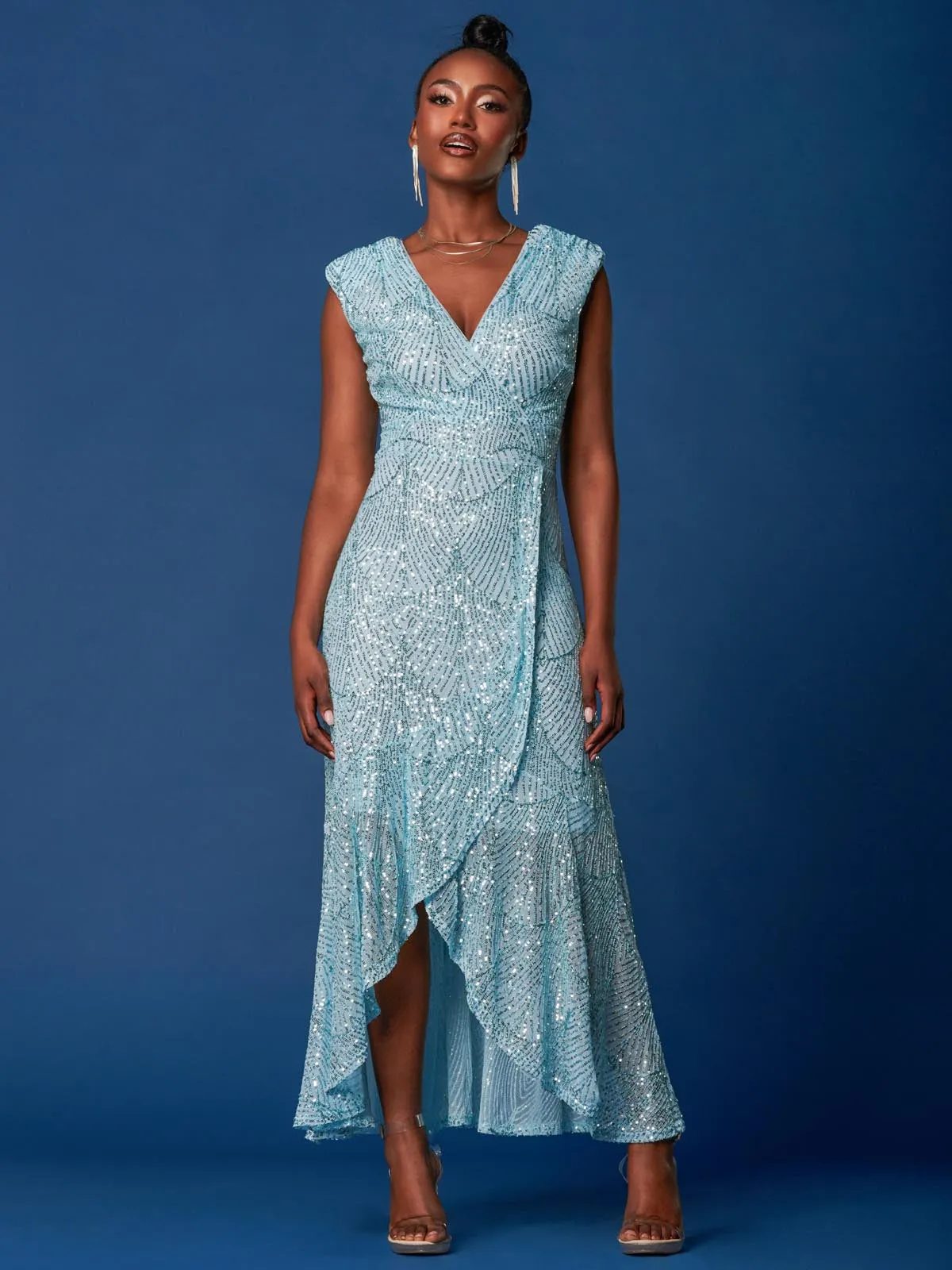 Sequin High Low Hem Maxi Dress, Light Blue