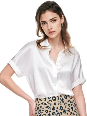 Silk Blouse for Women Button Down Shirts: Women's Short Sleeve Elegant Shirt 100% Pure Silk Casual Tops Summer Luxury Blouses