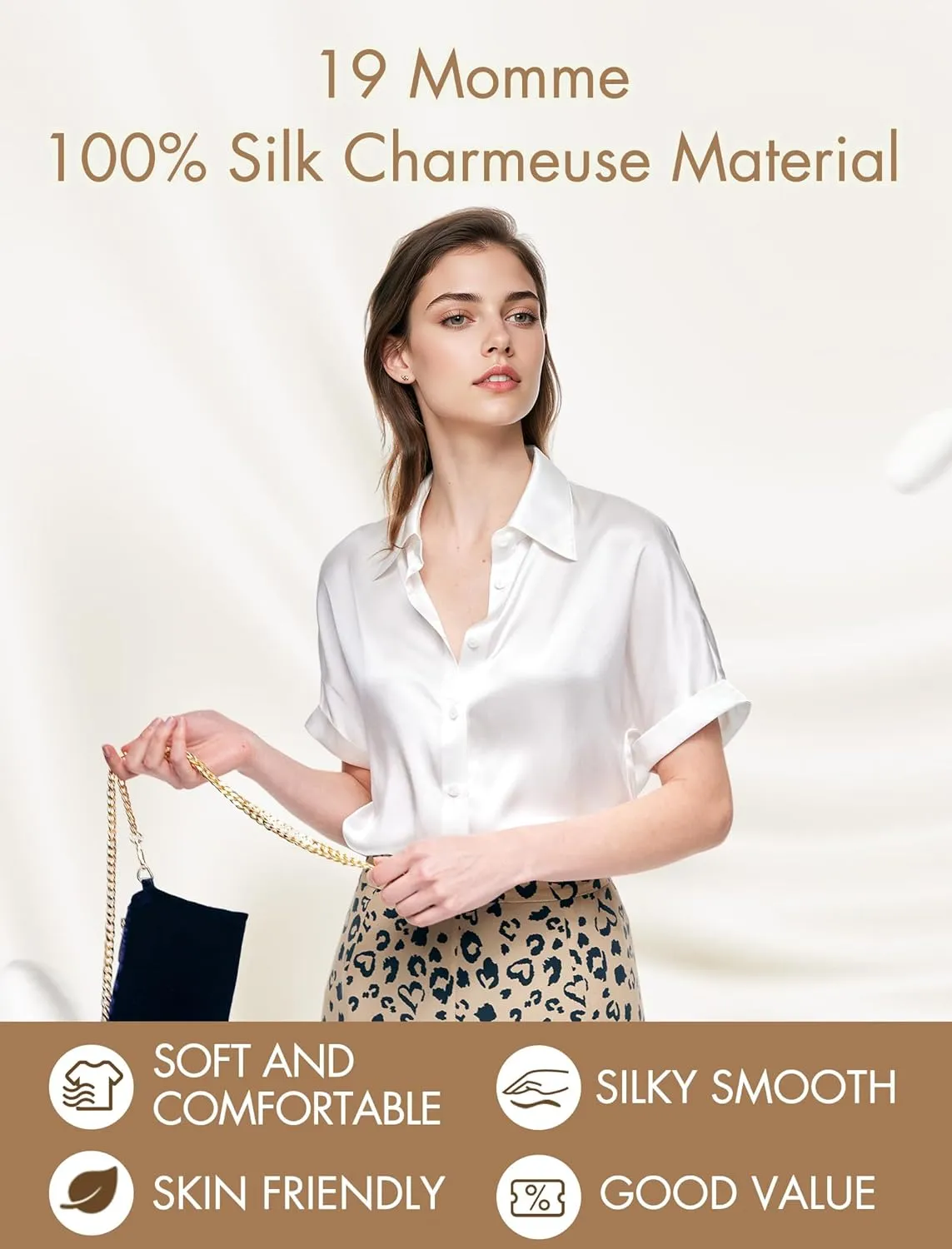Silk Blouse for Women Button Down Shirts: Women's Short Sleeve Elegant Shirt 100% Pure Silk Casual Tops Summer Luxury Blouses