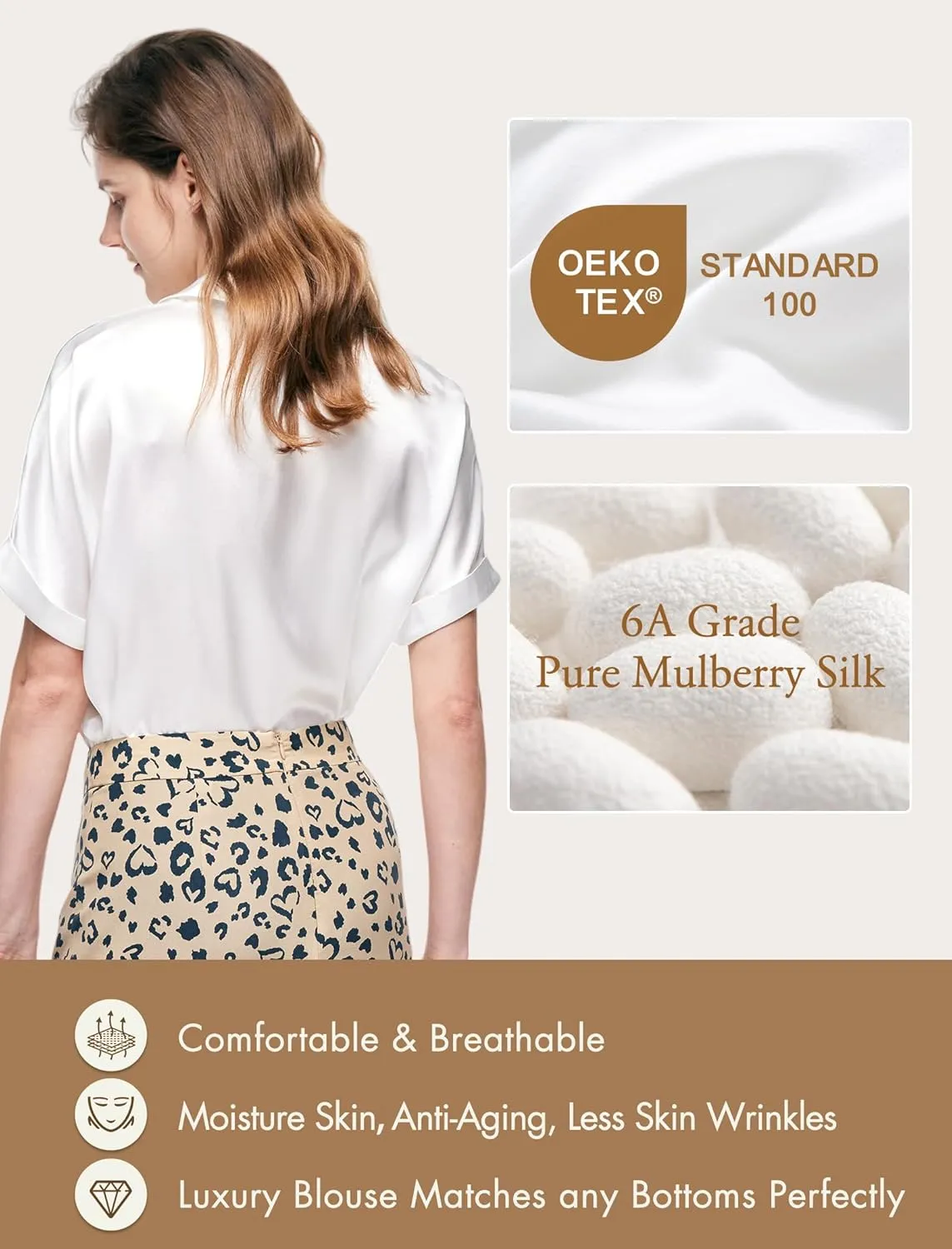 Silk Blouse for Women Button Down Shirts: Women's Short Sleeve Elegant Shirt 100% Pure Silk Casual Tops Summer Luxury Blouses