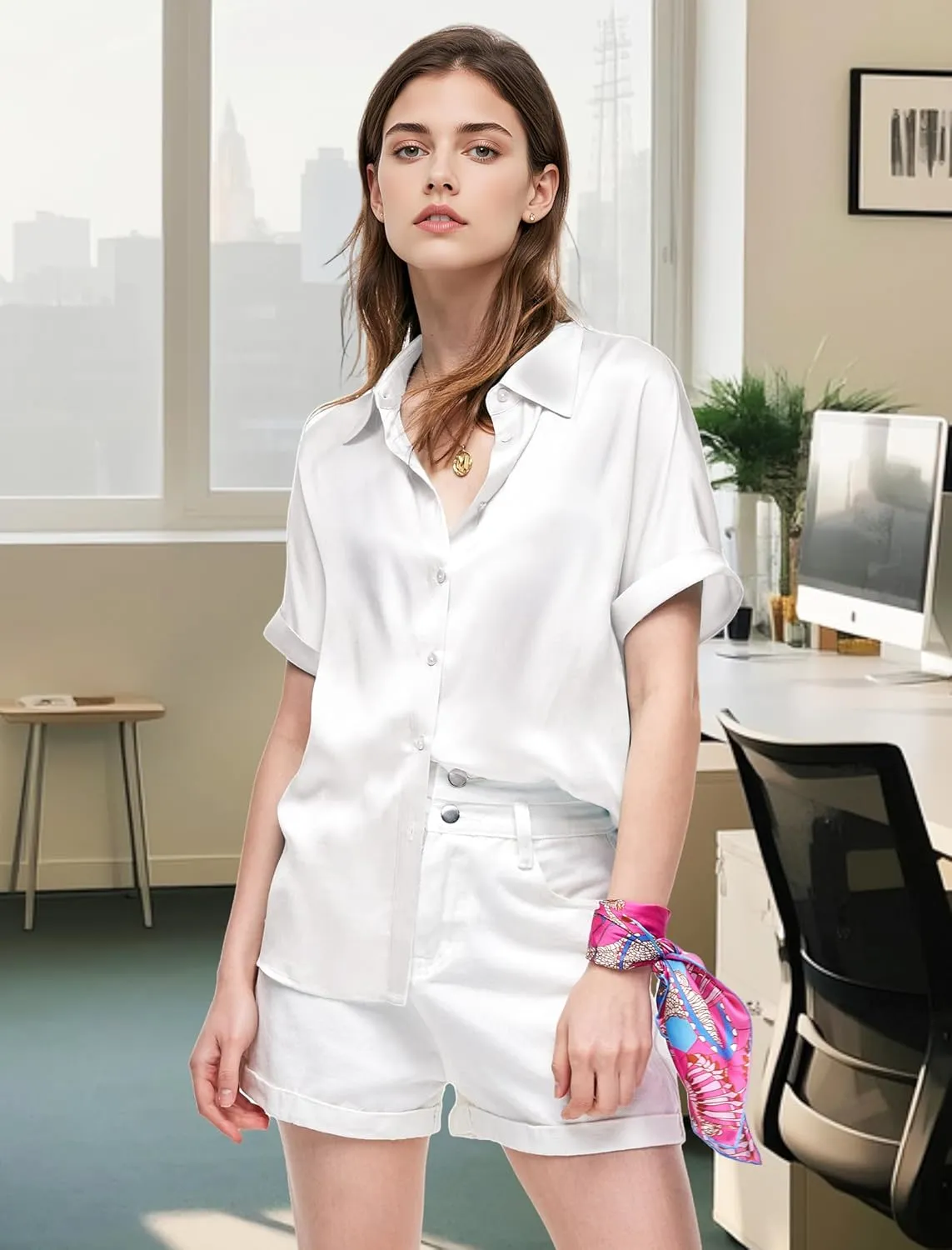 Silk Blouse for Women Button Down Shirts: Women's Short Sleeve Elegant Shirt 100% Pure Silk Casual Tops Summer Luxury Blouses